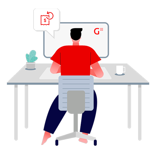 Ilustración de una persona sentada frente a un escritorio usando una computadora con el logo de Getnet en la pantalla. Sobre el escritorio hay una taza y una maceta, y aparece un globo con ícono de factura y símbolo de dinero.