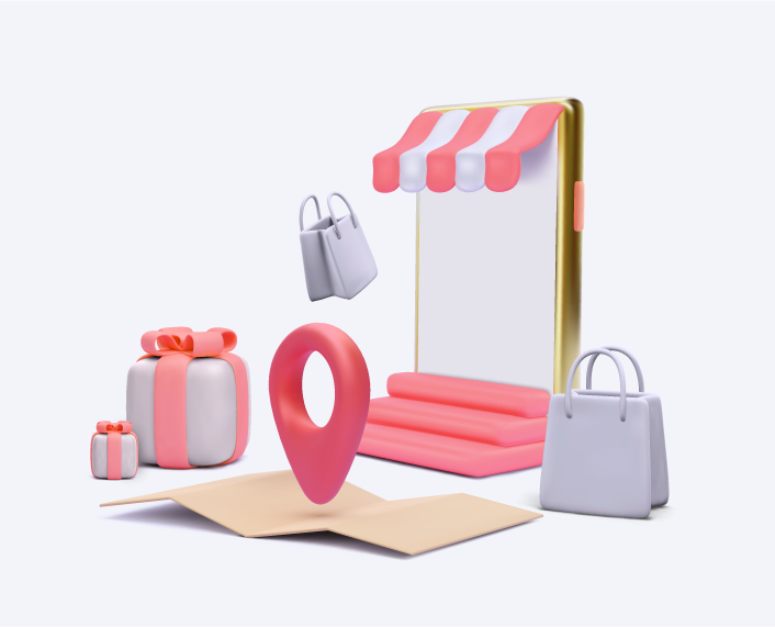 Ilustración con celular dorado y toldo rosa simulando tienda online, bolsas de compras, regalos y marcador de ubicación sobre un mapa