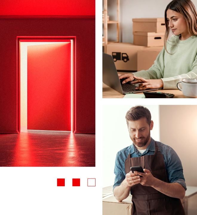 Composición con tres imágenes: a la izquierda, una puerta roja iluminada; arriba a la derecha, persona trabajando en una laptop con cajas de envío al fondo; abajo a la derecha, persona usando un teléfono móvil y vistiendo un delantal.